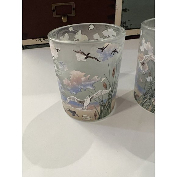 Beautiful pair Partylite Candle Holders Morning Tide Frosted Birds Sunset Beach - Picture 4 of 8